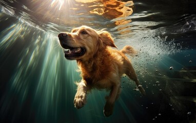 under water nature photography of a dog swimming underwater - Powered by Adobe