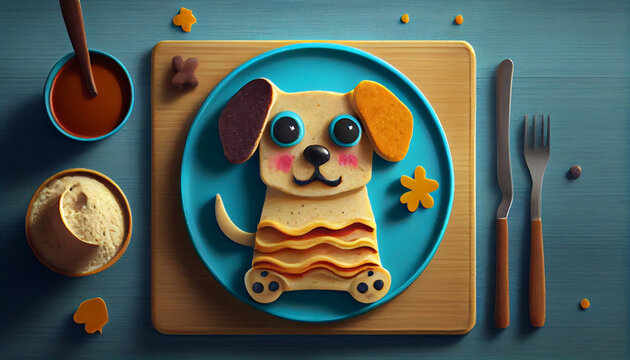 Creative kids breakfast, dog pancakes. Delicious and colorful children meal idea, Ai generated image
