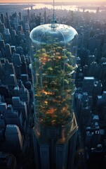 aerial view of a giant fish tank shaped like a tower in the middle of new york city