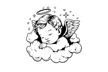 Hand drawn engraving sketch of cute little angel sleep on a cloud. Vector illustration. - obrazy, fototapety, plakaty