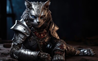 kneeling cat knight, finely detailed armor