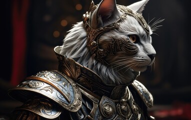 kneeling cat knight, finely detailed armor