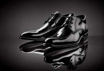 A pair of black elegant men's shoes on a mirror background. Wedding or business shoes. AI generated.