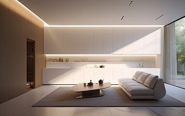 A living area extending in the form of a long corridor, the bathroom, kitchen and living room are completely open. Daylight illuminates the interior