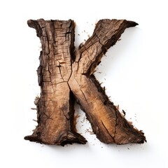 letter K made of old oak, burnt oak, many cracks, white background
