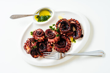 boiled octopus on a plate with green sauce. served with white wine