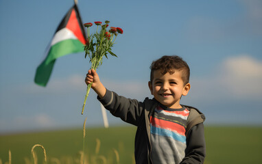 A child background a Palestinian flag. A boy is supporting Palestine during a protest.