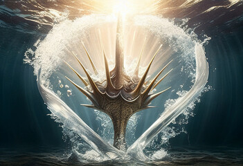Trident of Poseidon in the water in the sun. AI Generated