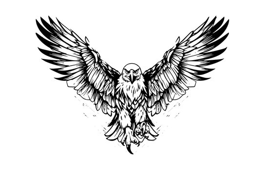 Flying eagle logotype mascot in engraving style. Vector illustration of sign or mark.