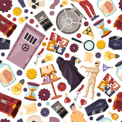 quest room items for mind games seamless pattern. scary characters, quest room doors, question signs keys. vector cartoon items pattern