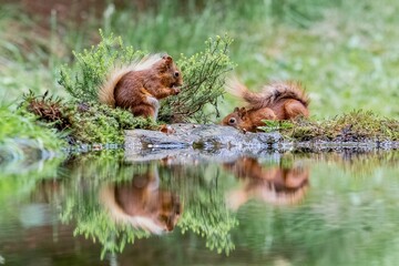 Selective focus shot of two red squirrels eating food by the water