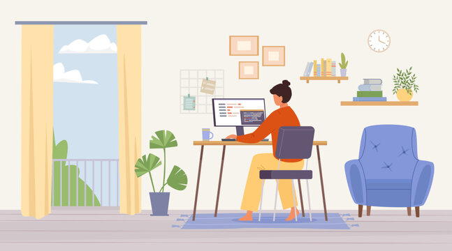 freelance business woman working on laptop. female character working at home, online education productivity, work at home concept background. vector cartoon graphics