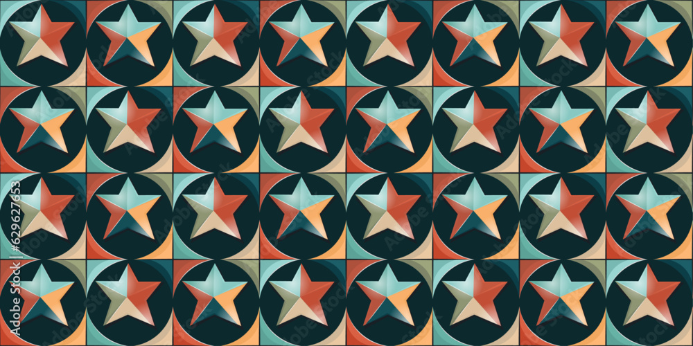 Aufkleber The stars are convex and alternate with five-pointed shapes. 3d shapes and colored retro stars. For seamless print, textile, pillows, clothing, background, packaging, notepads, cups, clothes.