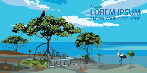 Zelfklevend Fotobehang Vector illustration: Panorama of mangrove tree habitat. © Tubagus