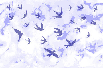 Swallows. Blue silhouette. Background texture watercolor aesthetic. Silhouette of a flock of swallows. Dark contours of flying birds. Flying swallows. Vector illustration blue shades.