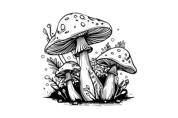 Fly agaric or amanita mushrooms group growing in grass engraving style. Vector illustration. - obrazy, fototapety, plakaty