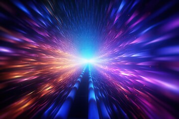 Abstract psychedelic futuristic dark background with dark magenta and blue light waves by...
