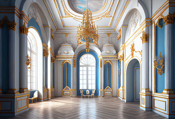 Fototapeta Photorealistic interior of a castle or palace decorated with blue ornamental stone and gold. AI generative. obraz