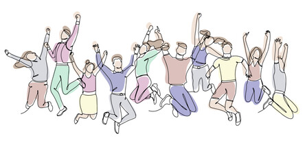 Fototapeta premium Single line drawing of jumping people, men and women with pastel abstract shapes. Linear hand drawn doodle on white background
