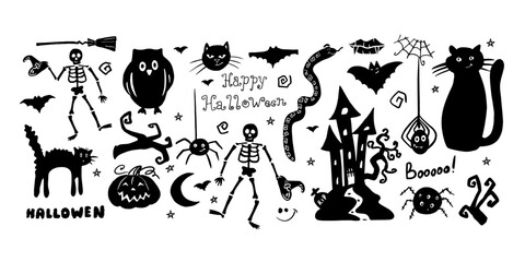 Cute set of halloween clipart in doodle style. Funny, cute illustration for design, decoration kids playroom, textile or greeting card.  Hand drawn. Vector illustration EPS10
