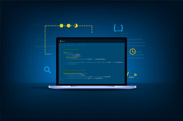 Computer programming, software or game development illustration with coding symbols and windows.