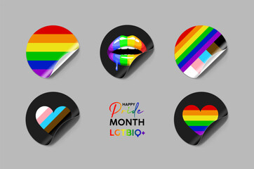 Vector set of LGBTQ community symbols with retro rainbow flag color elements, pride symbols, gender signs. Pride month slogan and phrase stickers.