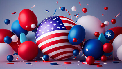 Memorial day, Independence day, 4th of July, labor day concept. Festive background in USA flag colors, balloons, confetti and copy space, Ai generated image