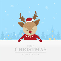 Christmas banner. Cute deer with blank sign for entering message. Merry christmas and happy new year. Christmas greeting card