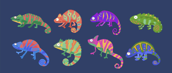 chameleons lizard jungle snakes set. different colored desert animals, reptiles. vector cartoon flat illustrations.