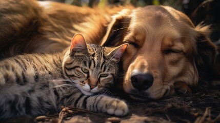 A Cute Kitten and a Dog Sleeping Close eachother. Cute Animal Photography.