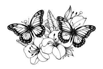 Sketch of butterflies sit on flowers. Hand drawn engraving style vector illustration.