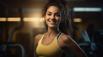 Fototapeta na wymiar An Portrait of Beautiful Female Fitness athlete looking at camera and Smiling Happily in Fitness clothes at Gym. Beautiful and confident Girl in fitness center