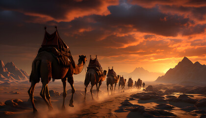 From the back camels walk through a sandy desert at sunset with mountains in the distance 