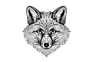 Fototapeta premium Fox logotype mascot hand drawn ink sketch. Vector illustration in engraving style.