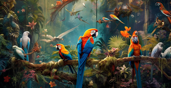 Colored parrots in tropical background - AI generated image