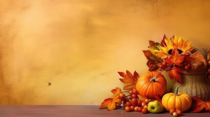 Naklejka na ściany i meble Autumn season concept, leaves or harvested crop. Pumpkin, autumn leaves, and on an orange background.