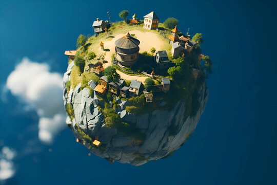 Symbol of how small our world is. A tiny miniature planet with a small town on it.