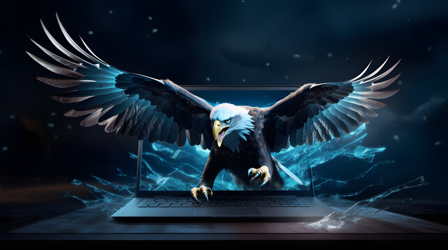 Gaming laptop 3d attacking eagle virtual reality screen display ai generated
