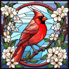 Vibrant Stained Glass Illustration of a Northern Red Cardinal Bird in a Mosaic Window, Surrounded by Flowers, Generative Ai