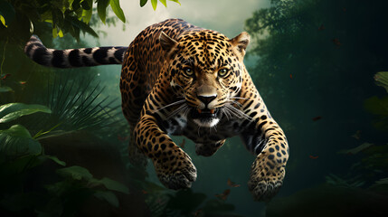 Jumping tiger hunting in jungle cinematic scenery ai generated