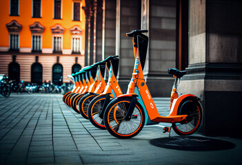 Bike sharing, scooter sharing - mobile personal electric transport in the business center of the city. AI generative.