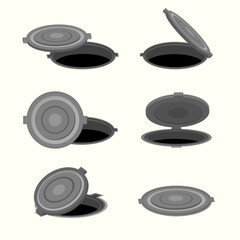 manholes pavement covers set, sewer. sidewalk manhole covers, set of isolated objects. vector cartoon objects.