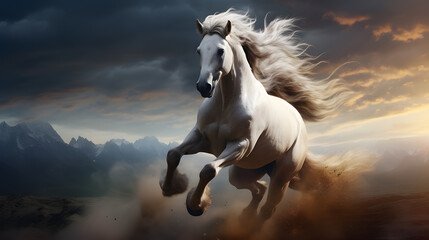 Obraz na płótnie Canvas Running stallion white horse cinematic scenery in dynamic motion ai generated