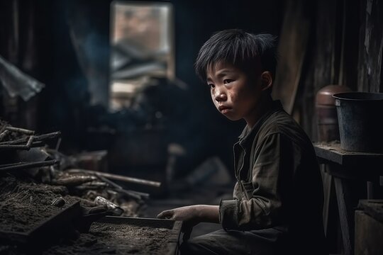 Exhausted and dirty asian kid working in a dark factory looking at camera with copy space left. Concept of child labor or child exploitation.