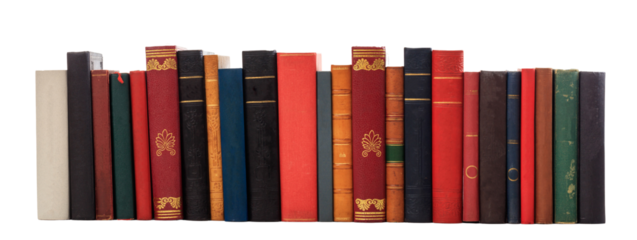 Books standing in a row isolated on transparent background. PNG 