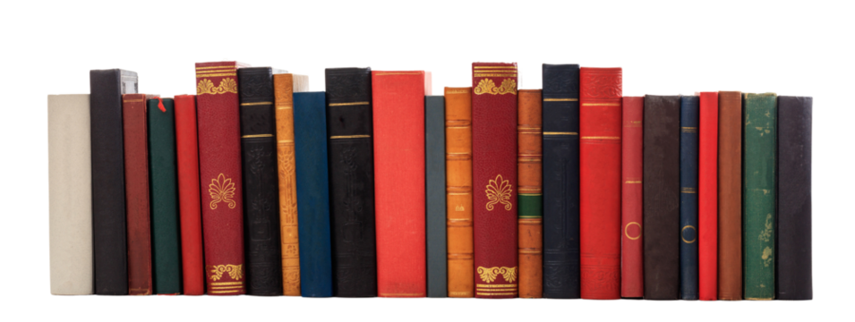 Books standing in a row isolated on transparent background. PNG 
