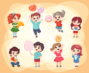 happy kids with candies set. happy chibi children with sweets, candies. vector cartoon childish characters.