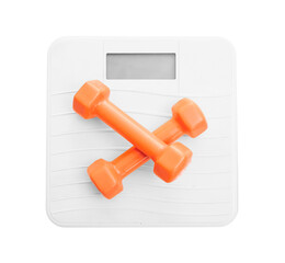 Dumbbells on a bathroom scale isolated on transparent background, top view, PNG