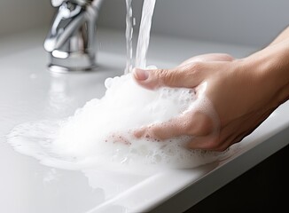 Fototapeta premium Washing hands rubbing with soap man for corona virus prevention, hygiene to stop spreading coronavirus. Created with Generative AI technology.