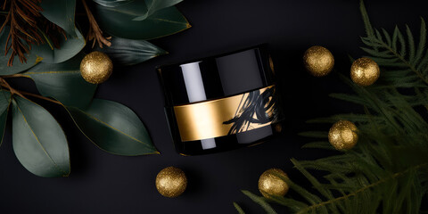 Luxury Christmas cosmetic mockup. Composition with cream jar, container,  golden confetti, decoration, with fir branches on black background.package template for winter sale. top view. Generative ai.